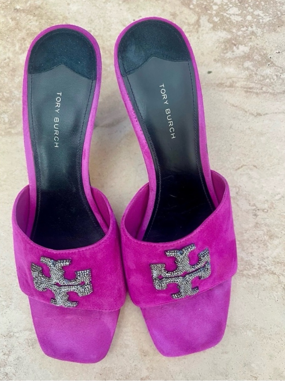 Tory Burch Fuchsia Suede Slide Sandals with Crystal logo
